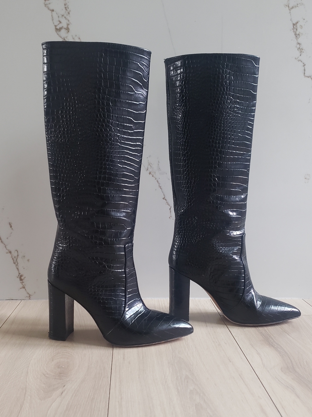 Paris Texas Black Croc-Embossed Knee-High Block Heel Boots